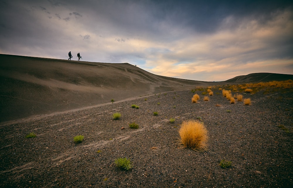 two people walking on desert