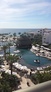 A luxurious resort with a large swimming pool surrounded by lounge chairs and umbrellas. Palm trees are scattered throughout the area, with white buildings in the background and the ocean visible at the horizon.