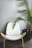 Modern wooden chair with clean lines placed near a window with green plants.
