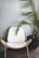 Modern wooden chair with clean lines placed near a window with green plants.