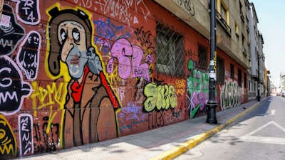 A street scene features a long wall covered in vibrant graffiti art, including a large cartoonish face with a bird perched on its shoulder, surrounded by various colorful tags and text. The building's wall is red with barred windows, and a black street lamp stands on the sidewalk. The street is lined with buildings and continues into the distance.