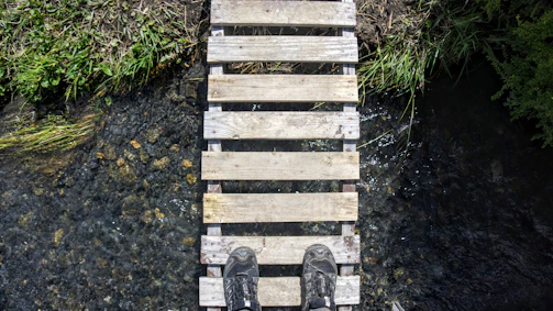 A group of hikers crossing a wooden bridge over a clear mountain stream.