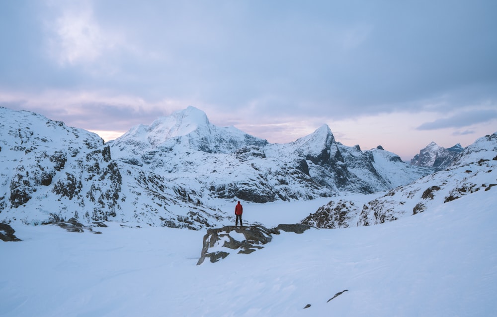 person standing in front of snow mountains