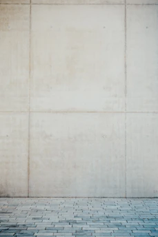 A smooth concrete wall with panel lines above a grey brick pavement