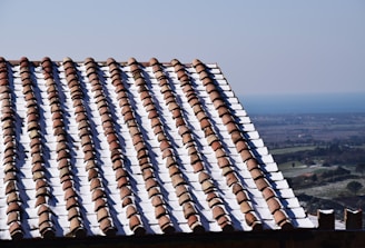 A sunlit roof covered with rows of terracotta tiles, partially dusted with snow, with a distant view of a coastal landscape under a clear blue sky.