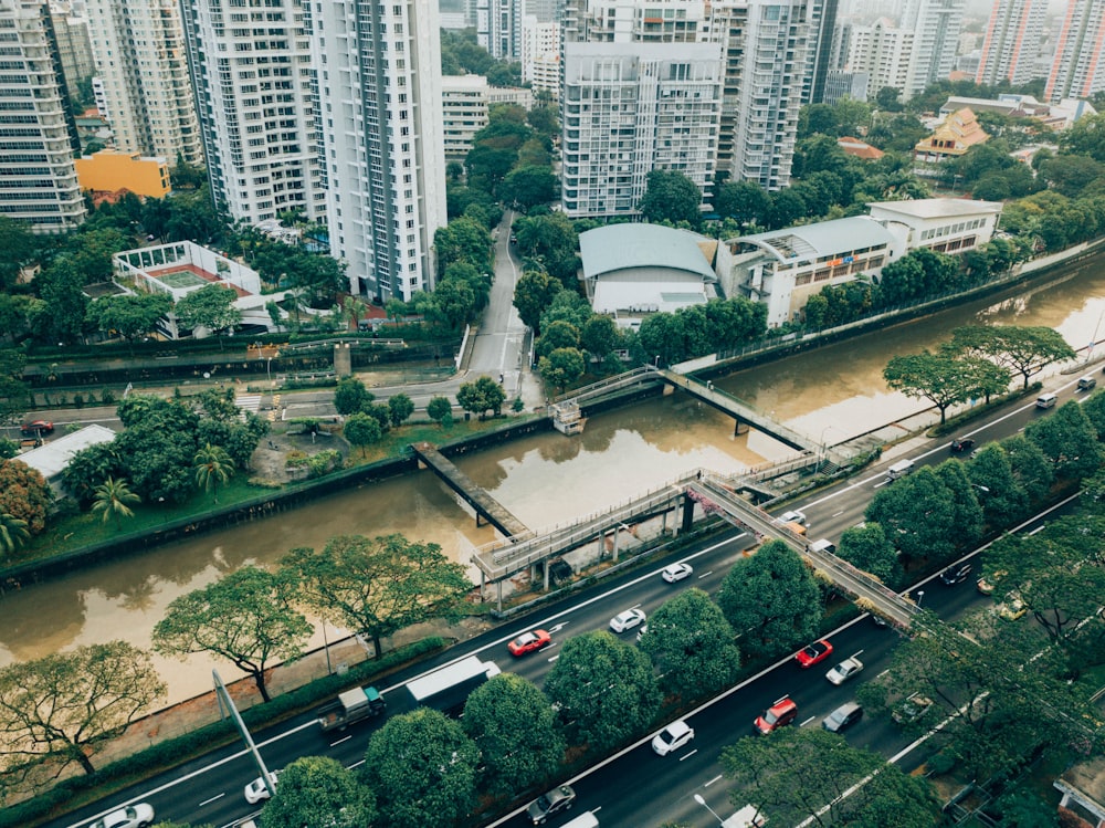 top view photography of cars on road