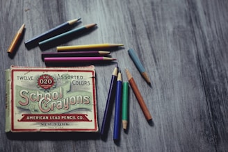 School Crayons box surrounded pencils