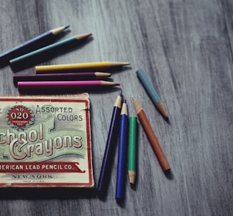 School Crayons box surrounded pencils