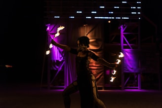 A captivating fire performance against a nighttime backdrop.