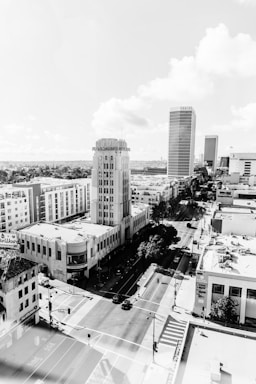 grayscale photo of buildings