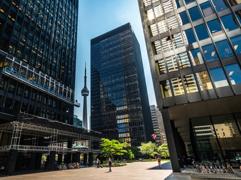 people walking on road and surrounded by buildings