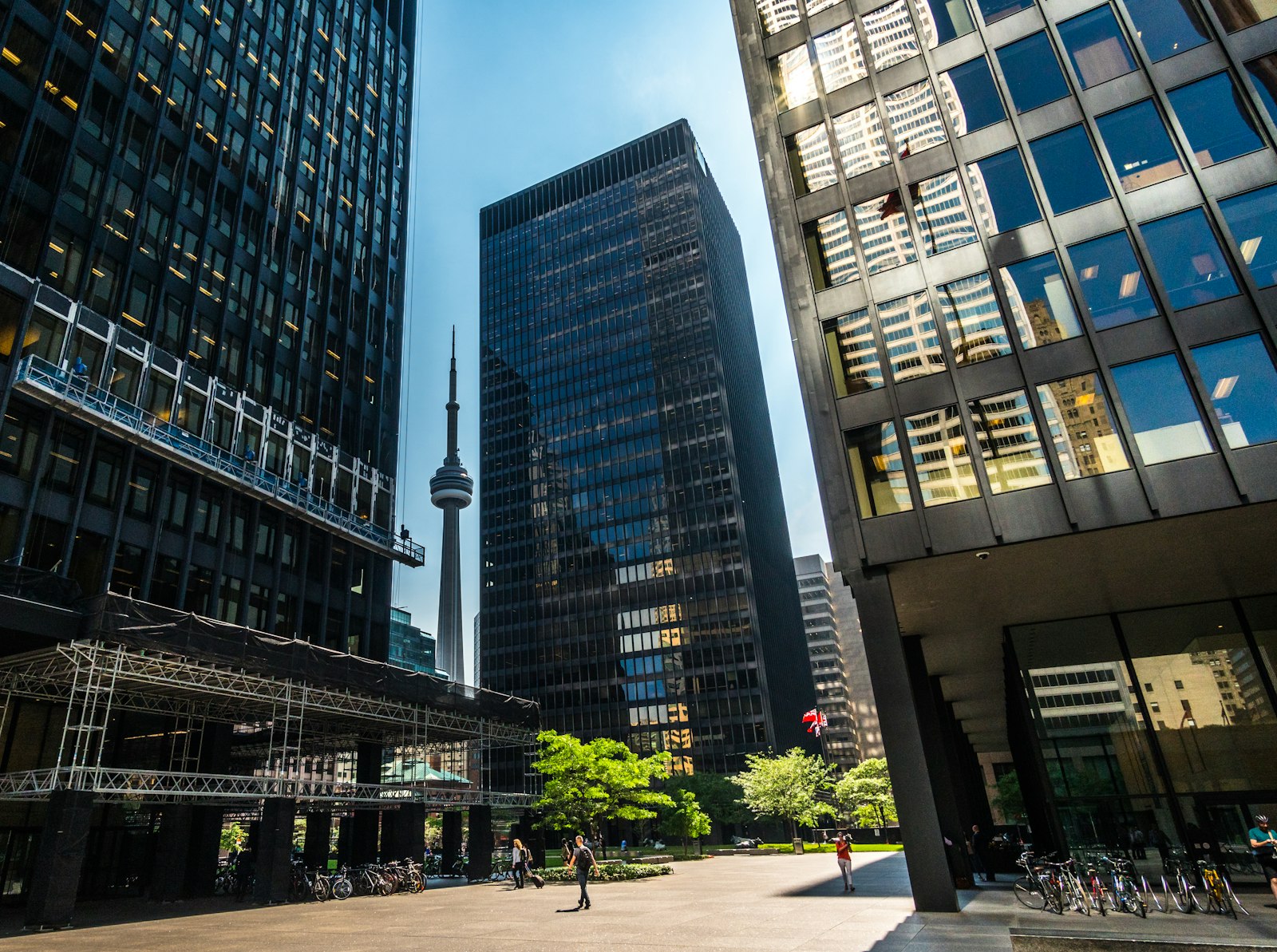 Downtown street surrounded by tall buildings in Toronto