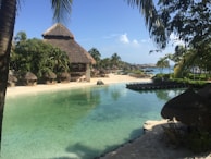 A tranquil lagoon with clear turquoise water reflecting the blue sky and lush island foliage.