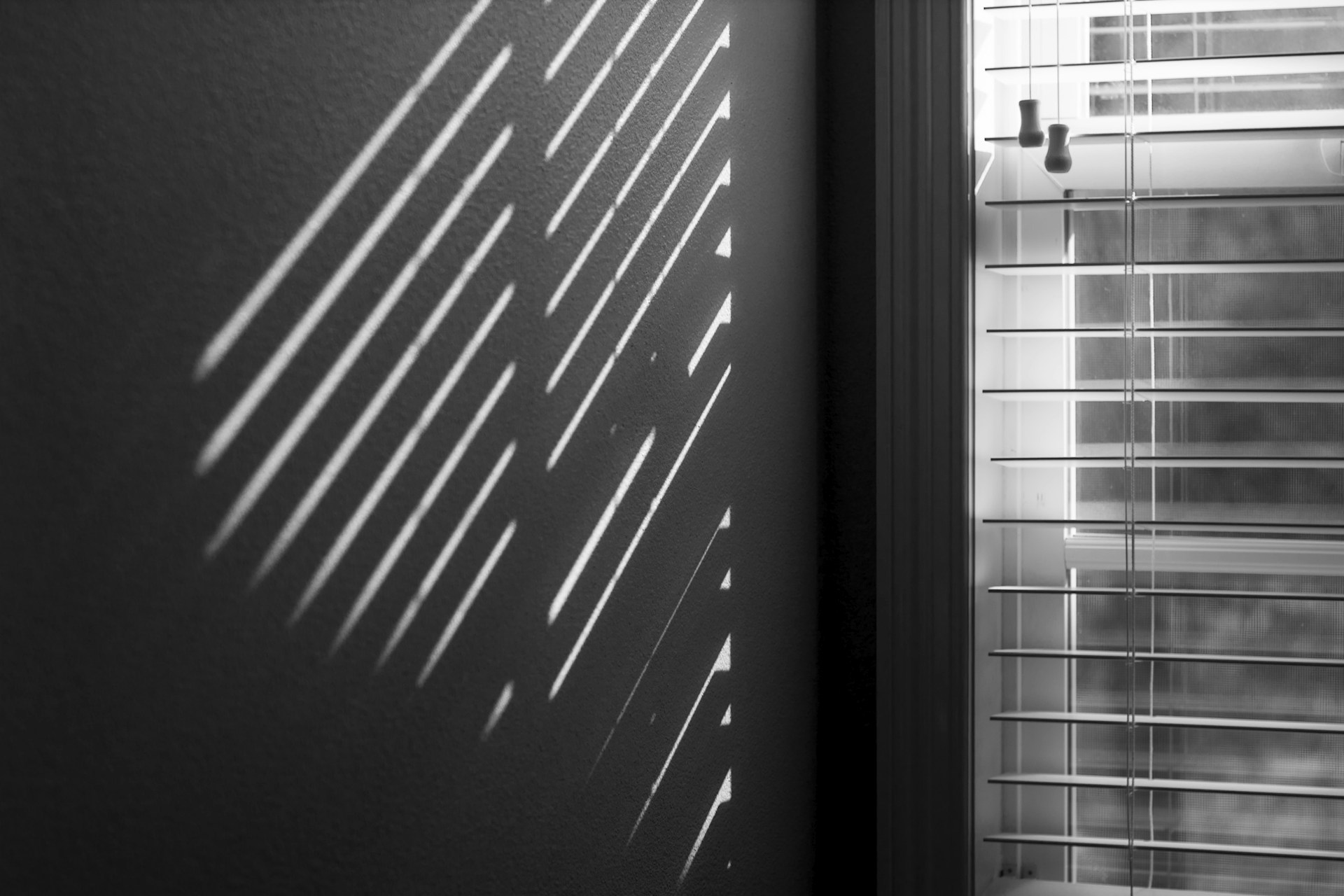 a black and white photo of a window with blinds