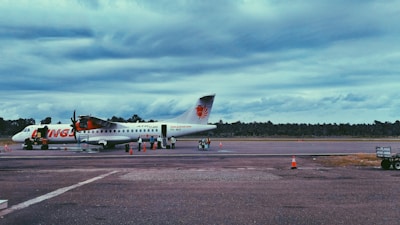 An airplane is parked on an airport runway with ground crew members attending to it. The sky is overcast, and there are scattered clouds. Orange traffic cones are set around the aircraft, and a small baggage cart is visible nearby. The surrounding area is lined with trees in the distance.