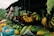 A market stall displaying a variety of fruits and vegetables. There are bunches of bananas hanging from the roof, along with bags of tomatoes and green vegetables. On the counter, there are assorted fruits including papayas, cucumbers, and green beans. The stall is set in a rustic outdoor environment with greenery visible in the background.
