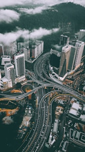 bird's eye view photography of high-rise buildings and bridges