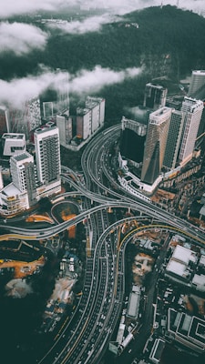 bird's eye view photography of high-rise buildings and bridges