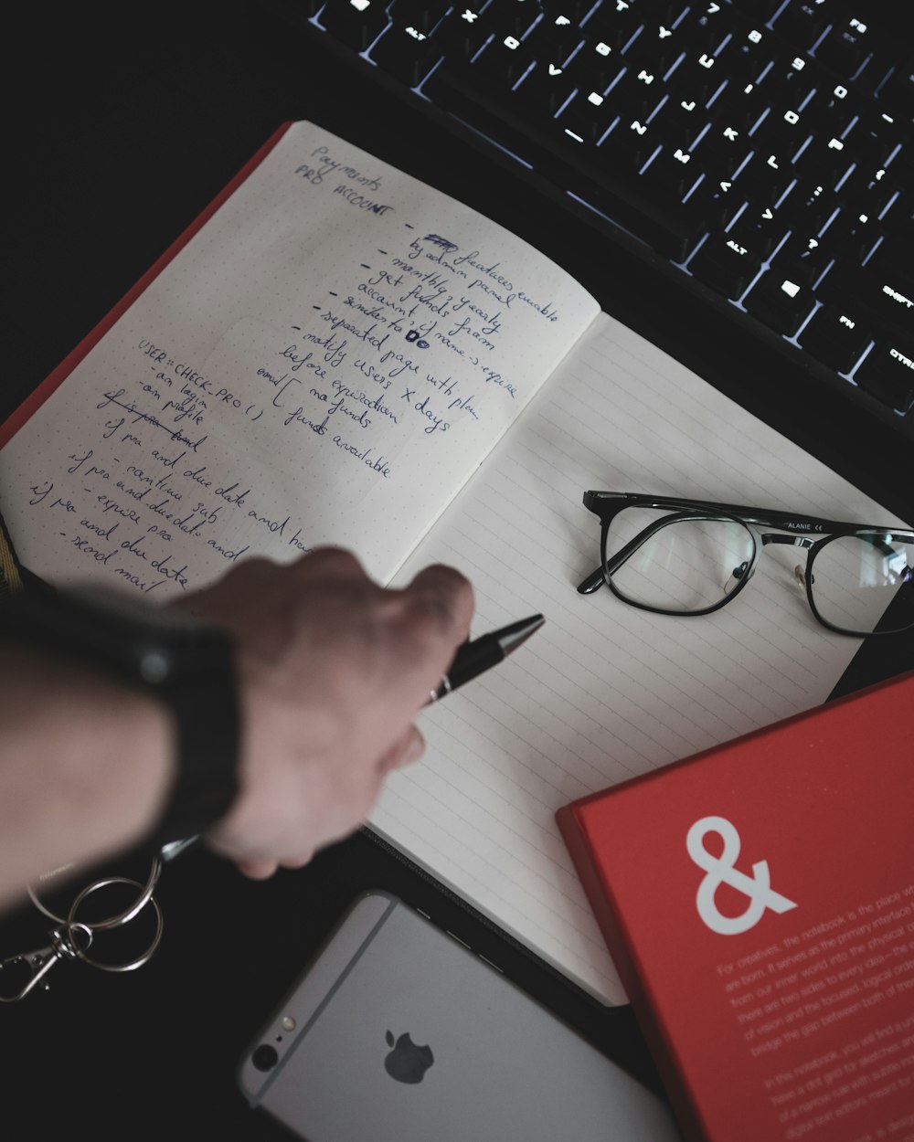 eyeglasses on white notebook