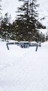 A drone hovers in a snowy landscape with tall evergreen trees in the background. The scene is characterized by the white snow covering the ground and the overcast sky, creating a serene winter atmosphere.