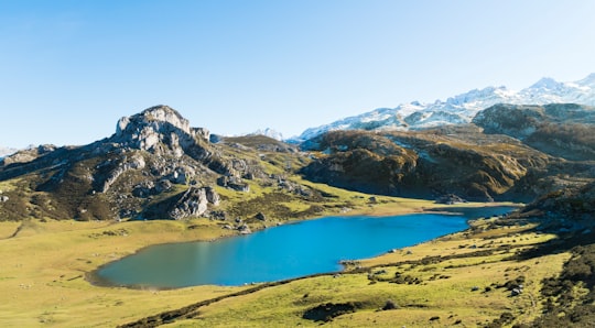 mountain ranges and lake in Parque Nacional de Los Picos de Europa Spain