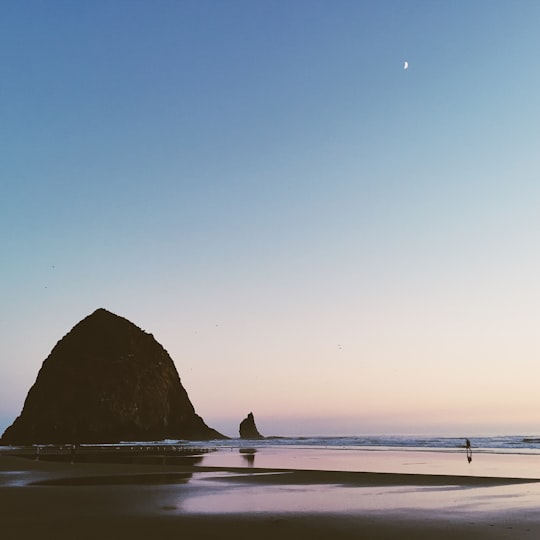 photo of person on seashore far away from islet in Cannon Beach United States