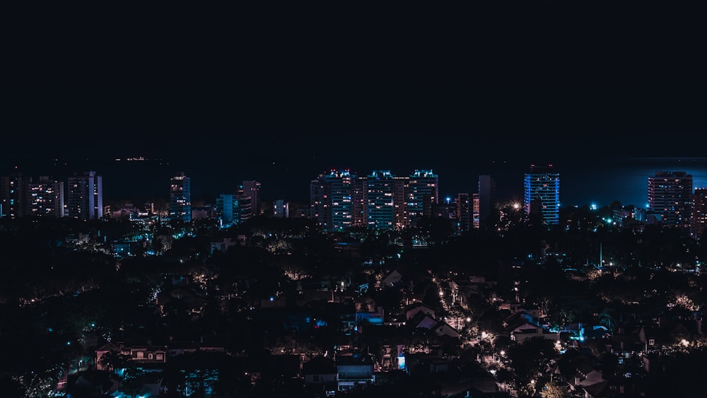 aerial view of city buildings during night time