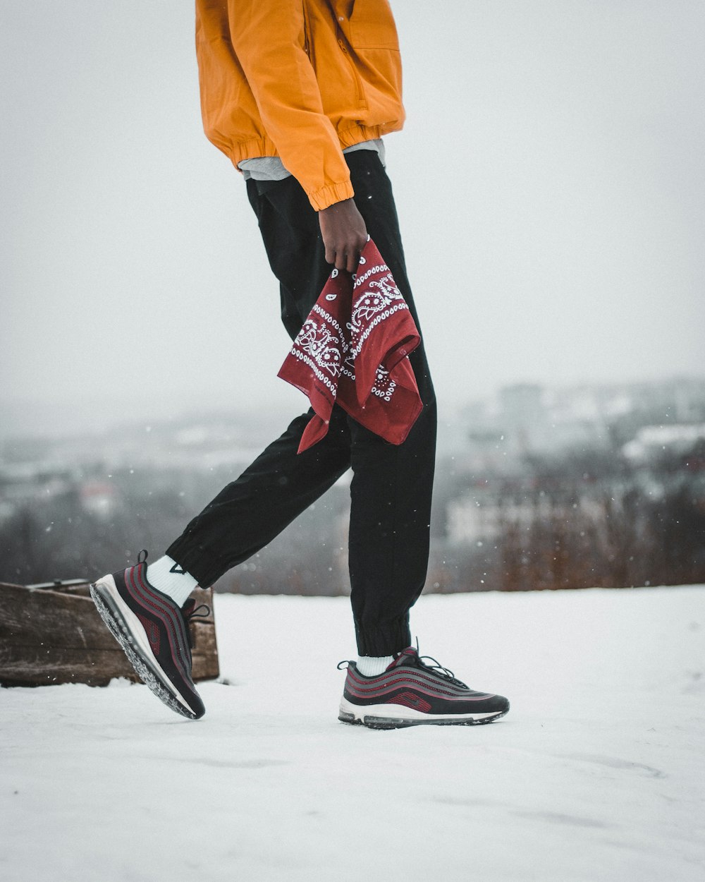 昼間、茶色の丸太の近くで赤と白のペイズリー柄のハンカチを持って雪の上を歩く男性