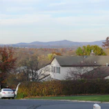 Wide shot of a residential home with a new gray slate roof surrounded by trees.