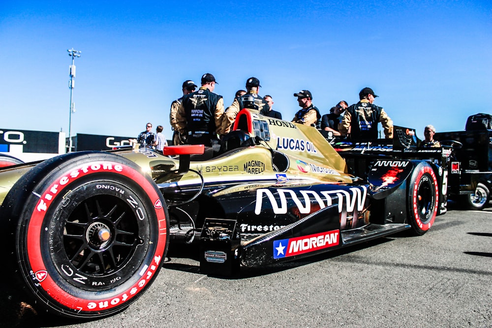 group of people standing near formula 1 car