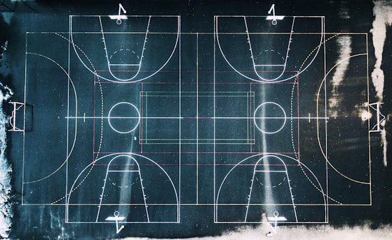 green and white basketball court in top view photography