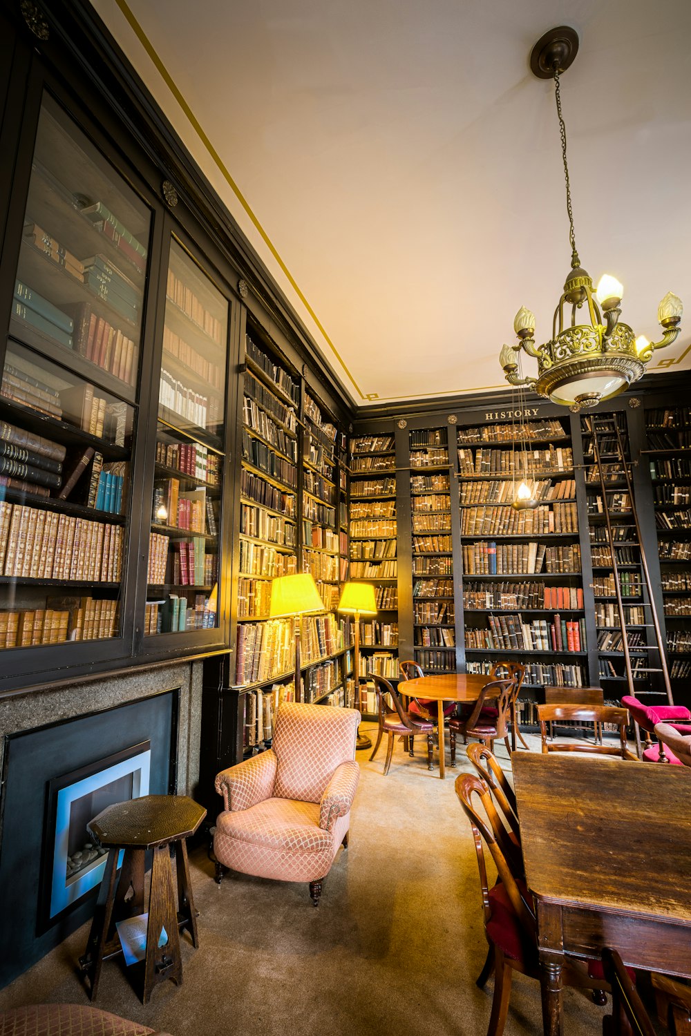 wooden furniture inside library