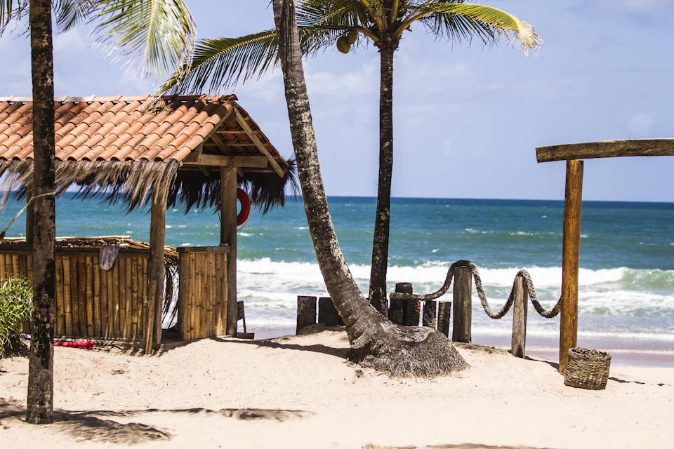 Serene tropical beach scene with wooden hut and palm trees near sandy shoreline