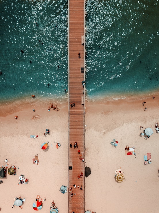 bird's-eye view photography of brown wooden dock on body of water