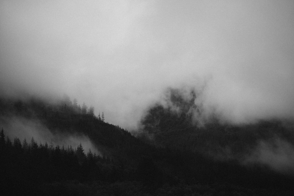 a black and white photo of a foggy mountain