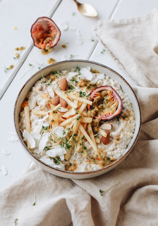 photo of bowl with cooked food on table