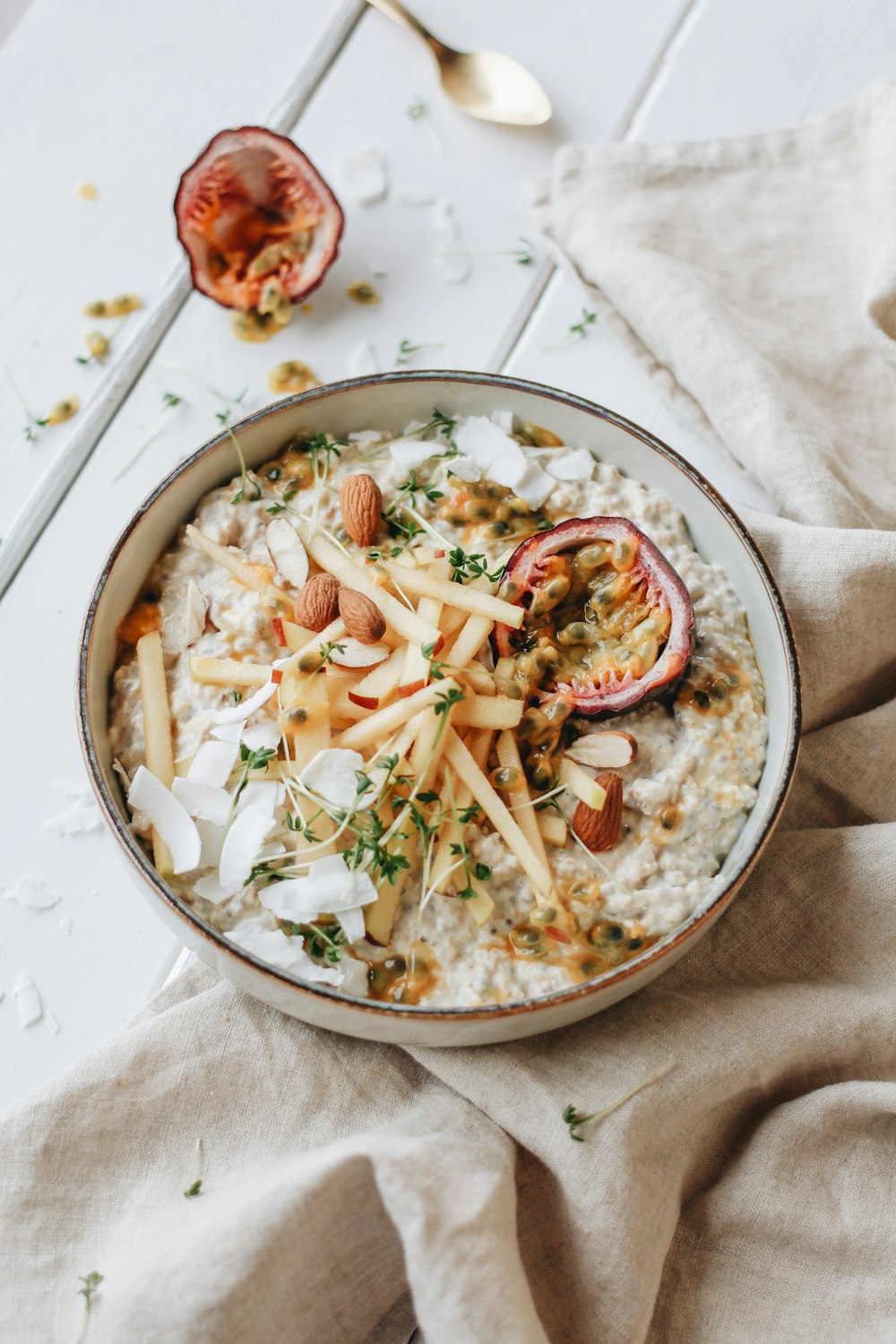 photo of bowl with cooked food on table