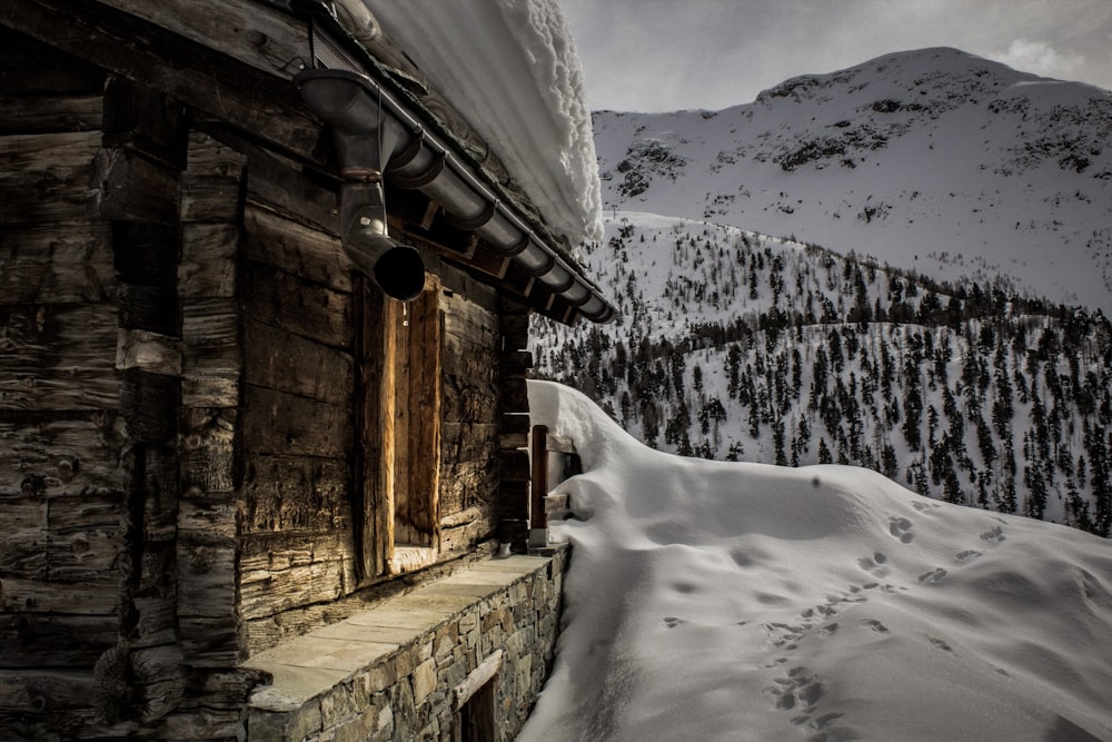 雪で満たされた茶色の建物のクローズアップ写真