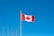 A Canadian flag with a red maple leaf on a white background, bordered by red vertical bands, is flying on a flagpole against a clear blue sky. Bare tree branches are visible at the bottom left corner.