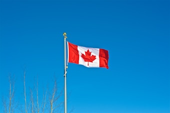 A Canadian flag with a red maple leaf on a white background, bordered by red vertical bands, is flying on a flagpole against a clear blue sky. Bare tree branches are visible at the bottom left corner.