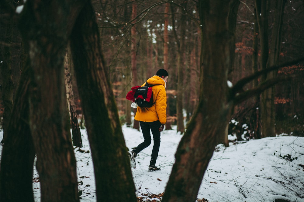 personne debout sur la neige entourée d’arbres