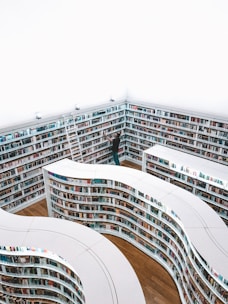 A spacious, modern library with curving bookshelves filled with numerous books. The shelves are white, creating a stark contrast against the colorful books. A lone person reaches for a book on one of the higher shelves, using a ladder.
