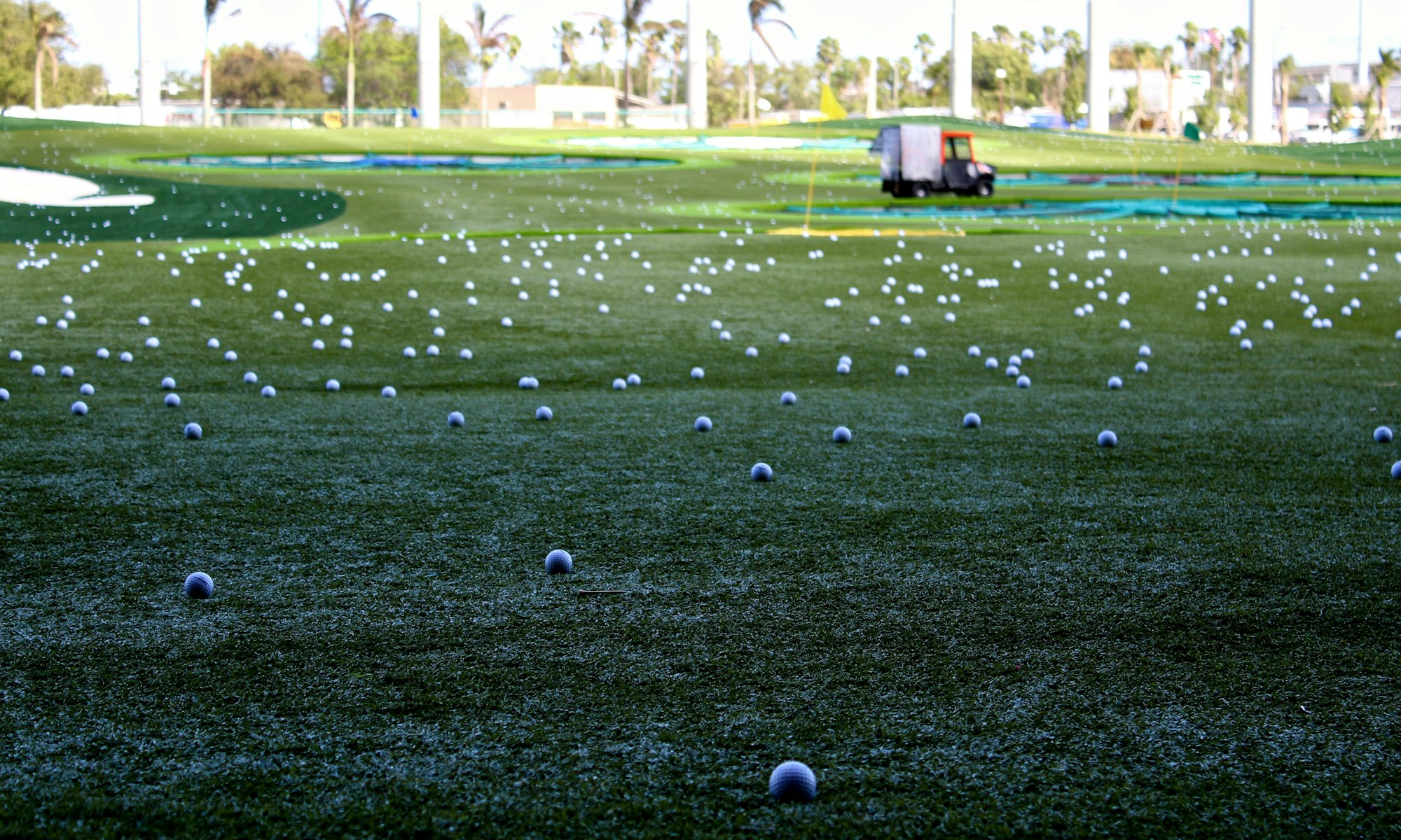 many golf balls on the driving range