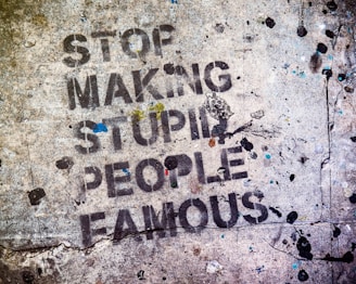 A concrete surface with the stencil graffiti message 'STOP MAKING STUPID PEOPLE FAMOUS' in black, surrounded by splotches of colorful paint. The surface is weathered and cracked, adding a gritty, urban feel to the image.