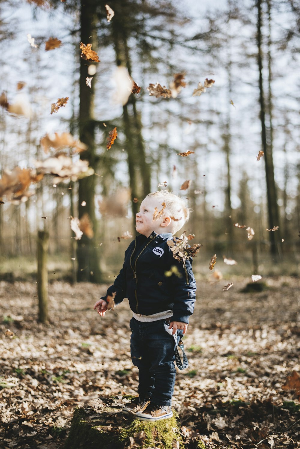Fotografia de foco raso de crianças em pé sobre folha seca marrom