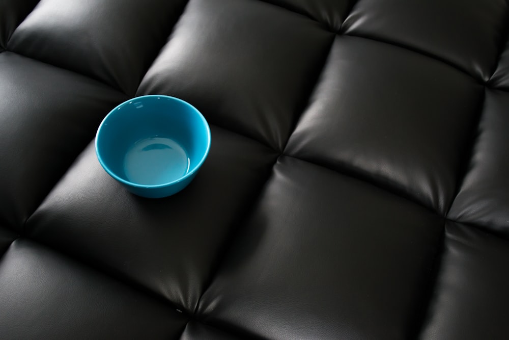 blue round plastic bowl on black leather couch