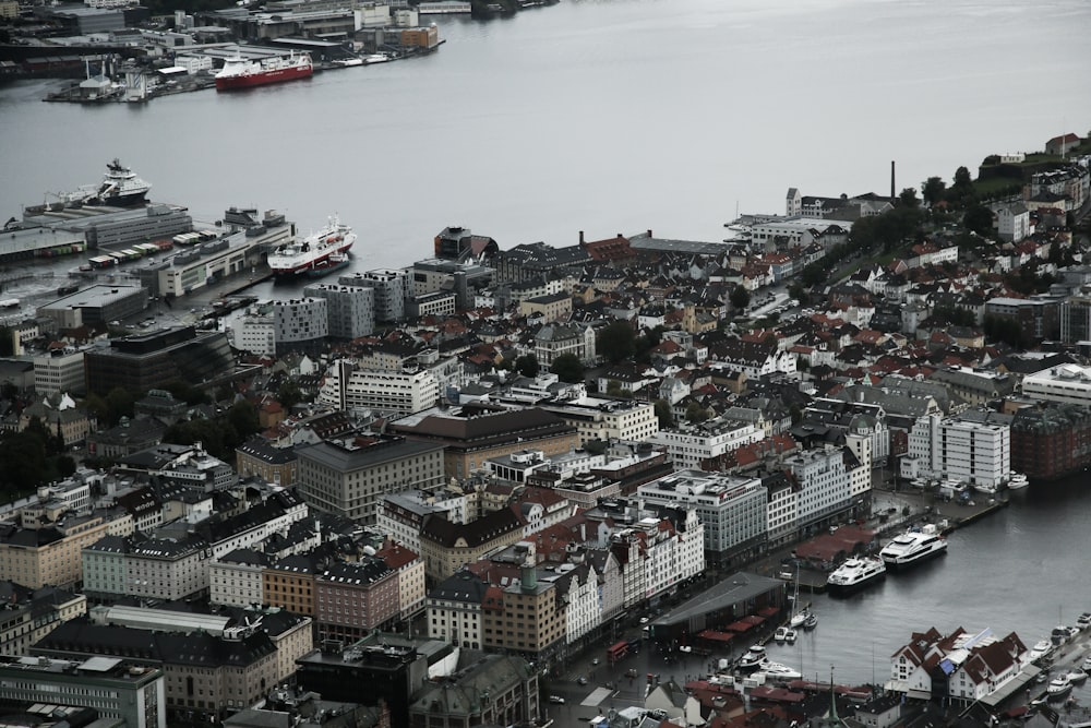 Photographie de vue aérienne de bâtiments urbains entourés d’eau