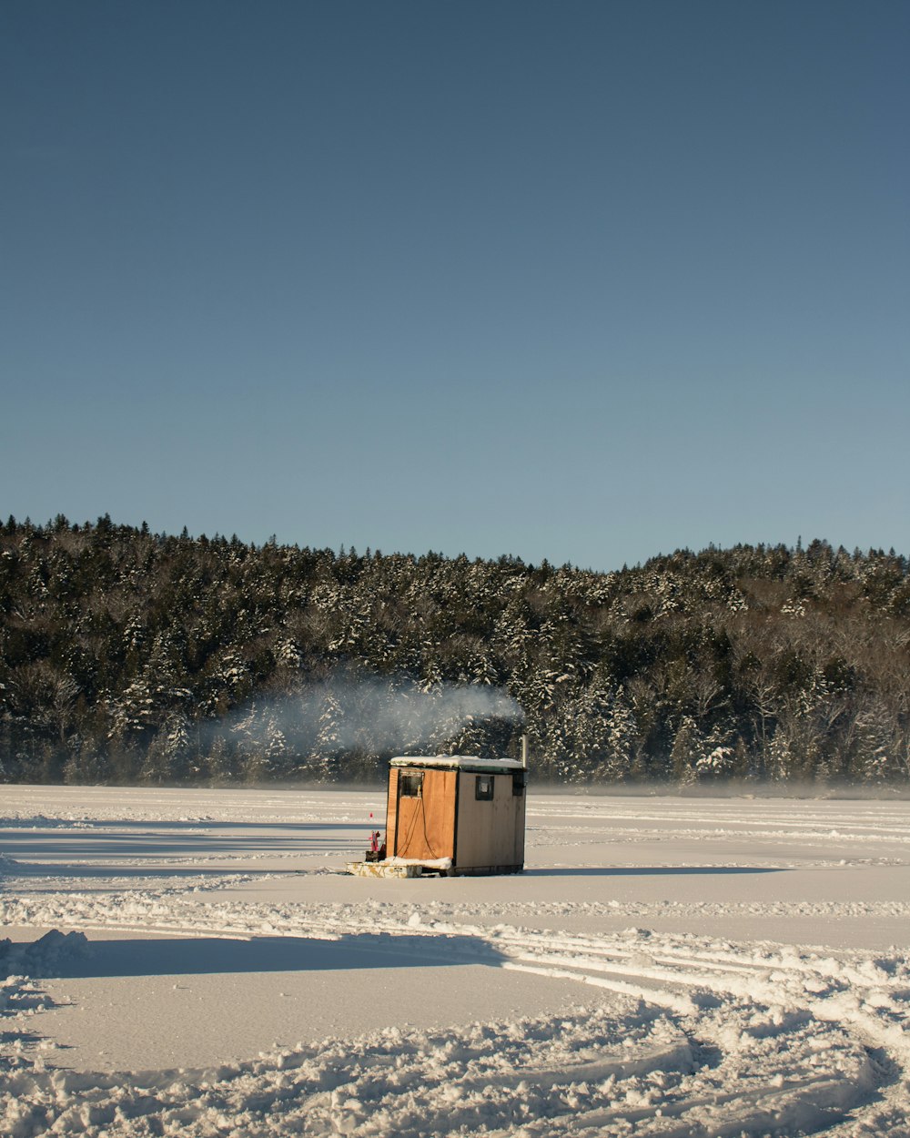 brown shed on snow field