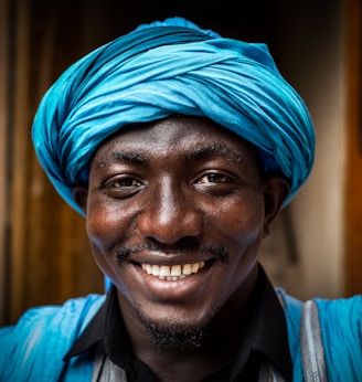 man wearing blue headdress