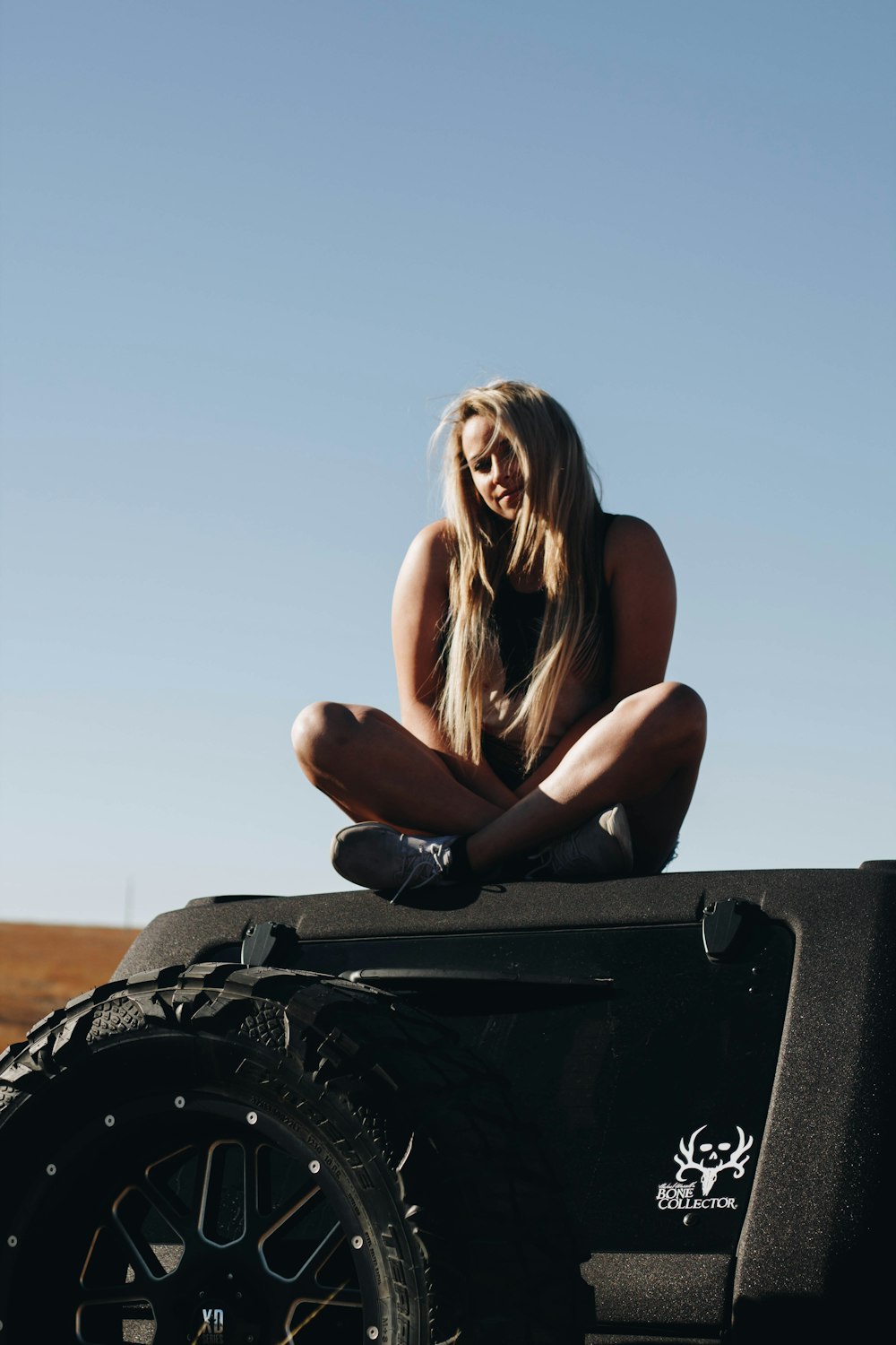 woman sitting above car roof